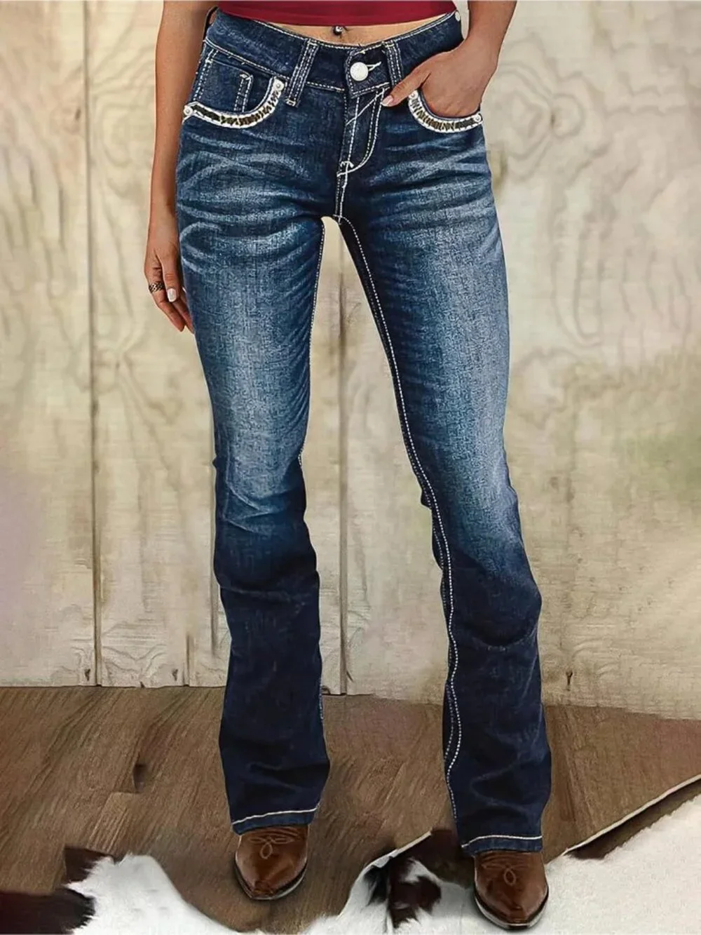 Women's Dark Midnight Blue Pull On Mid Rise Flare Leg Zip Lifting Bootcut Jeans